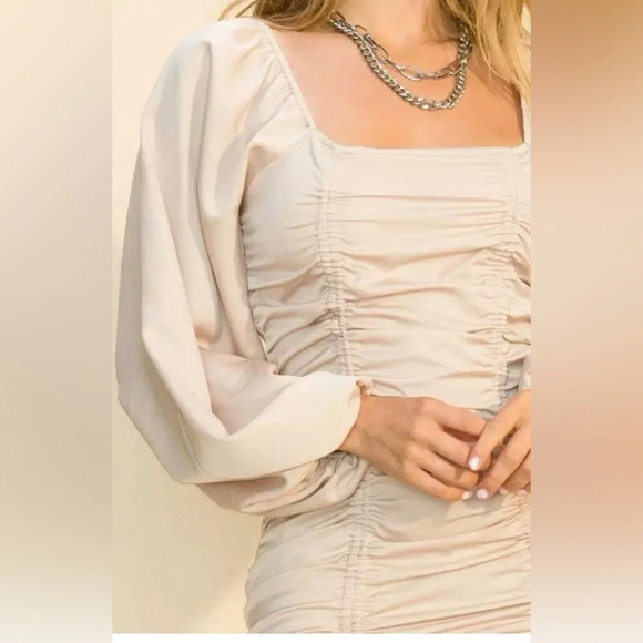 Mable Cream Square Neck Ruched Long Sleeve Bodycon Mini Dress Size Small - Picture 3 of 9